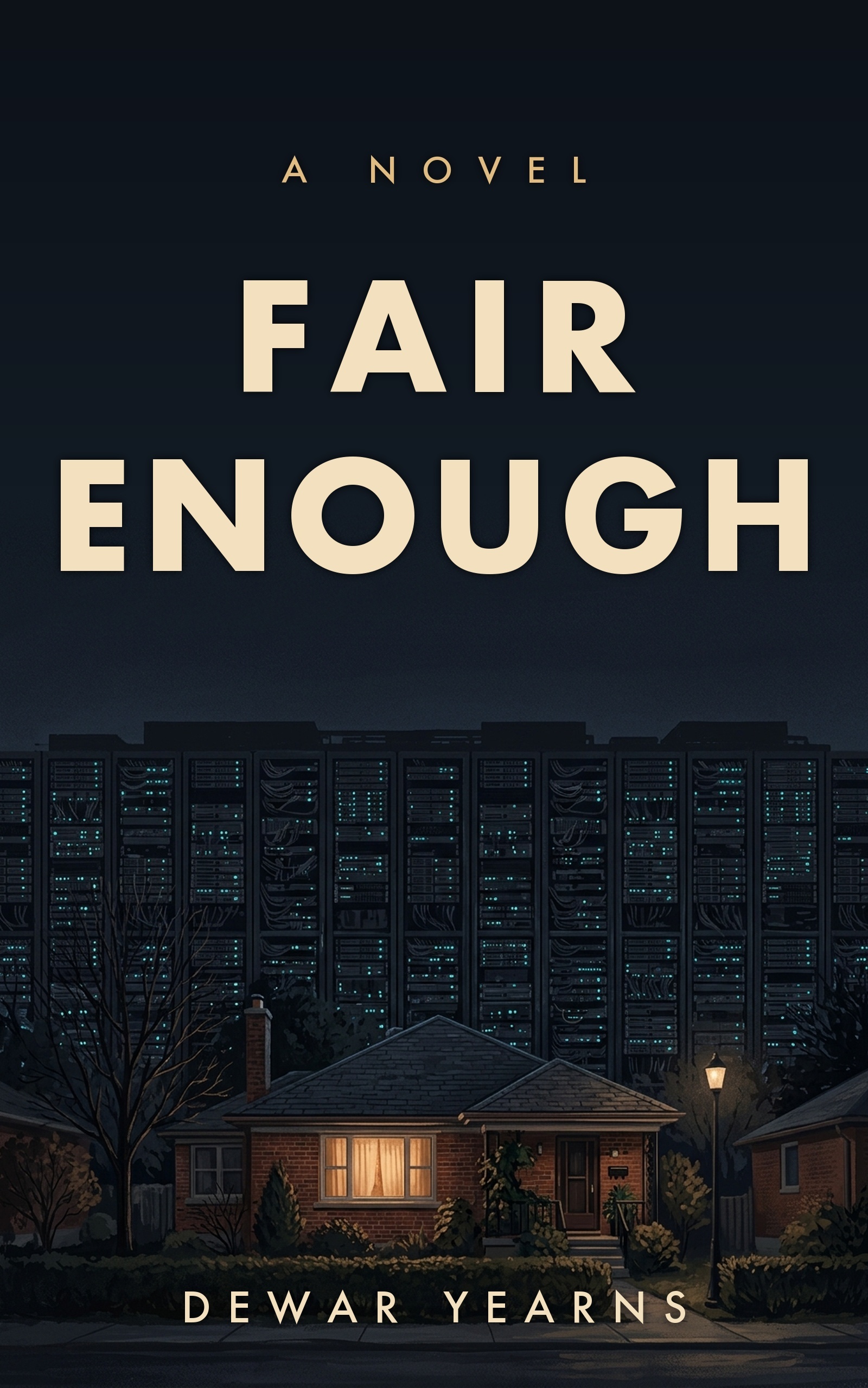 Fair Enough — A Novel by Dewar Yearns. Cover: a brick bungalow at night, dwarfed by a towering wall of server racks.